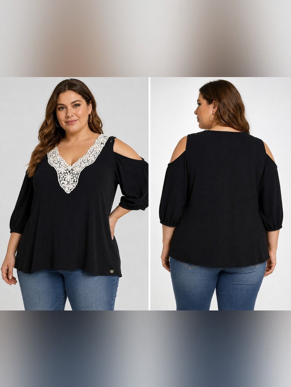 🔥Plus-Size Black Cold-Shoulder Blouse with Ivory Crochet V-Neck